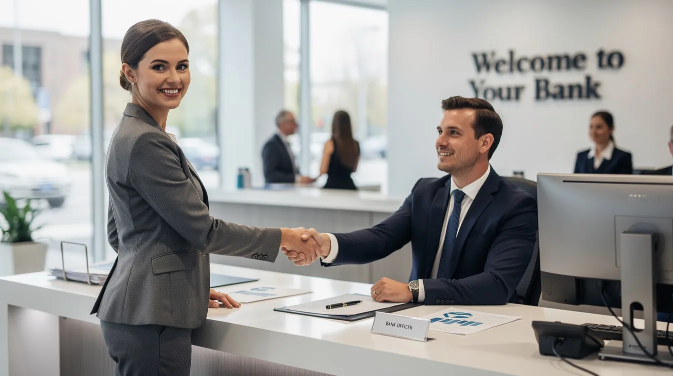 6e7bd391 9e62 4d54 b940 49fd9fb787c7 A confident woman is shaking hands with a bank officer at a branch desk, symbolizing the partnership between female entrepreneurs and financial institutions. This moment represents the support for women seeking financial assistance through programs like the Pradhan Mantri Mudra Yojana, aimed at fostering economic growth and empowering small businesses.