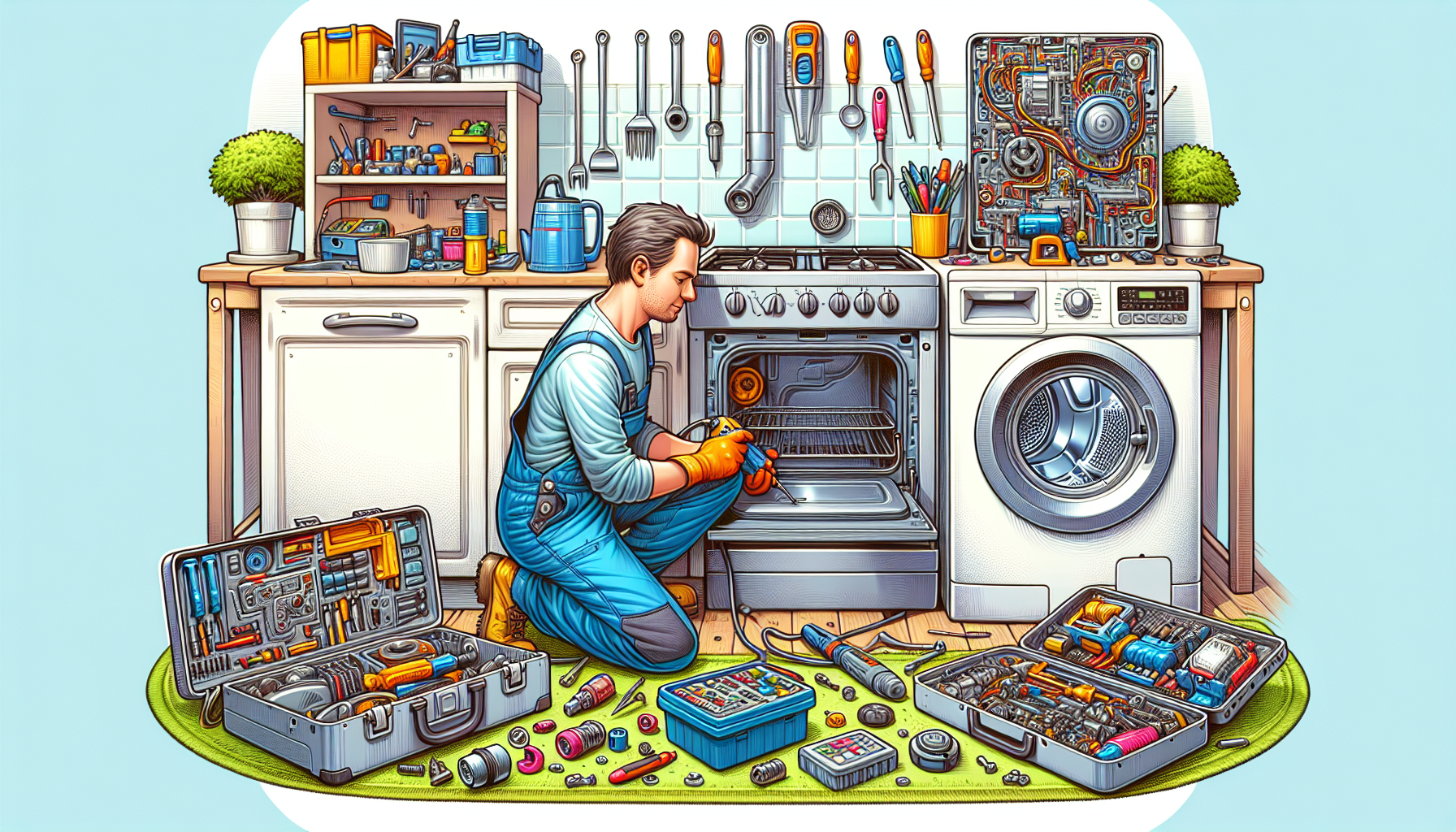 An illustration of a technician repairing different types of appliances.