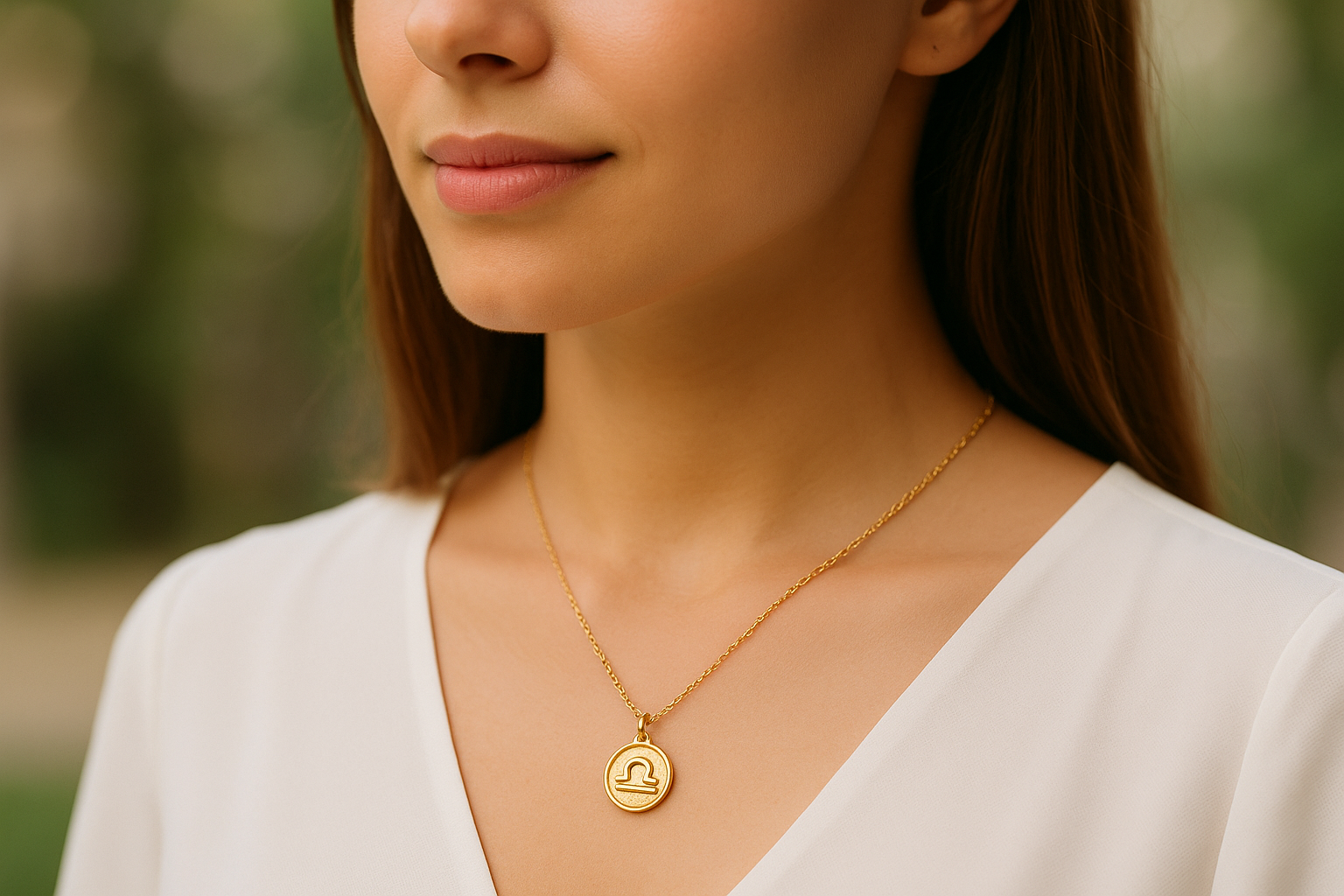 Auksinė grandinėlė su horoskopo pakabuku ant moters kaklo
