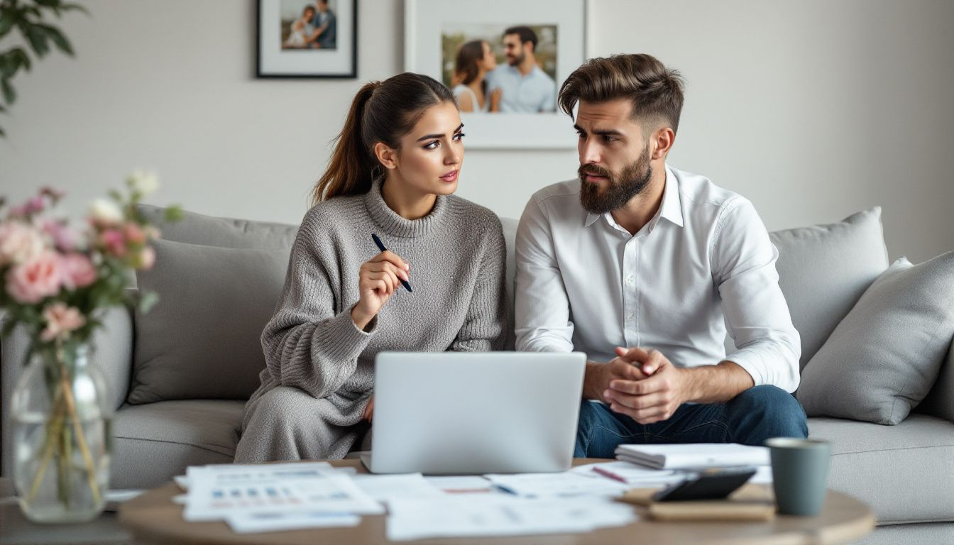 A couple discussing their wedding budget with a calculator and notes.