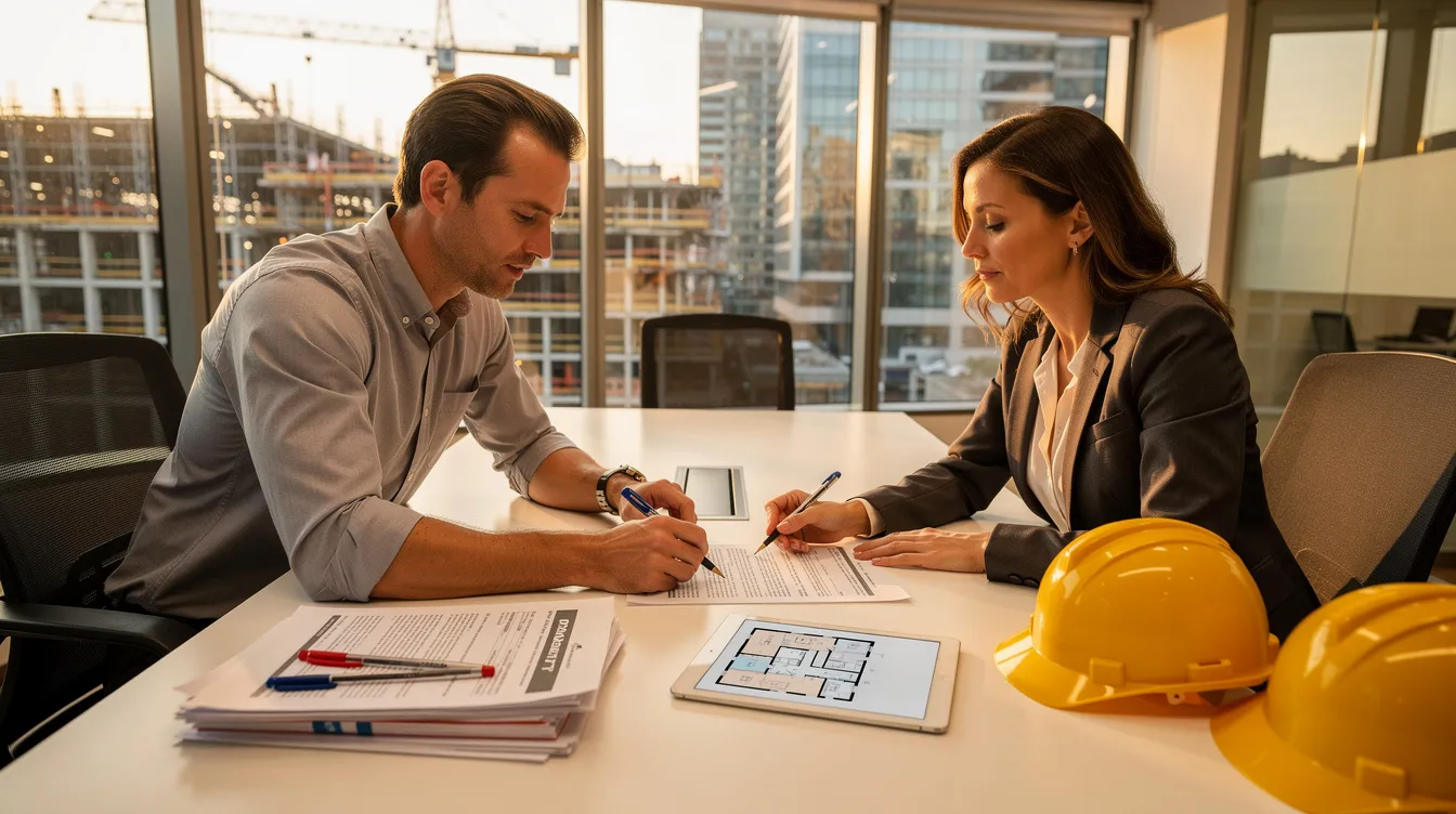 Construction professionals review contract documents and discuss approval standards for replacing named project personnel.