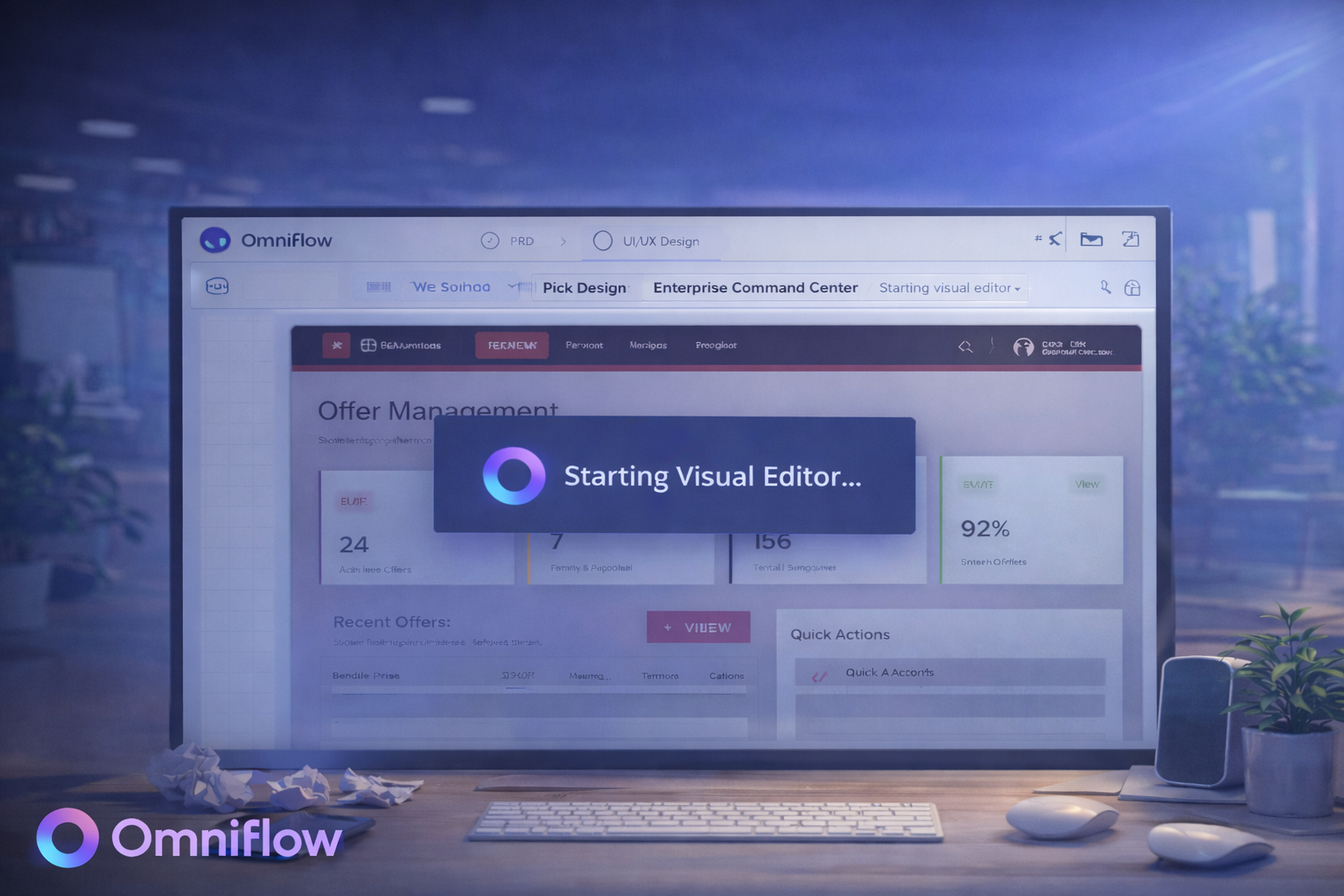 High quality image showing Omniflow's visual editor, where using can create intuitive UIs, explore their creativity, edit, optimize and deploy all from a single workflow. 