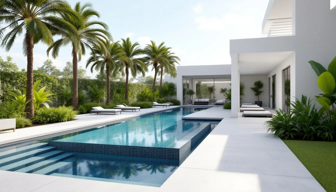 3D rendering of a modern swimming pool design with landscaping elements.