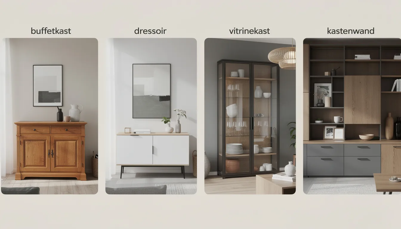 De collage toont verschillende kasttypen, waaronder een buffetkast, dressoir, vitrinekast en kastenwand, elk in unieke stijlen en materialen zoals massief hout en glas. Deze meubels zijn ideaal voor het opbergen van spullen in de eetkamer of woonkamer en bieden inspiratie voor het inrichten van je huis.