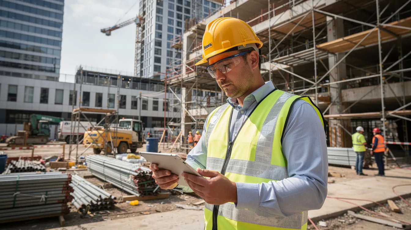 Un auditor con un tablet esegue un'ispezione in un cantiere urbano, circondato da ponteggi e attrezzature, mentre verifica la conformità alle normative di sicurezza e utilizza una check list per controllare le misure di sicurezza e i dispositivi di protezione individuale. La scena evidenzia l'importanza della sicurezza nei cantieri e della formazione dei lavoratori.