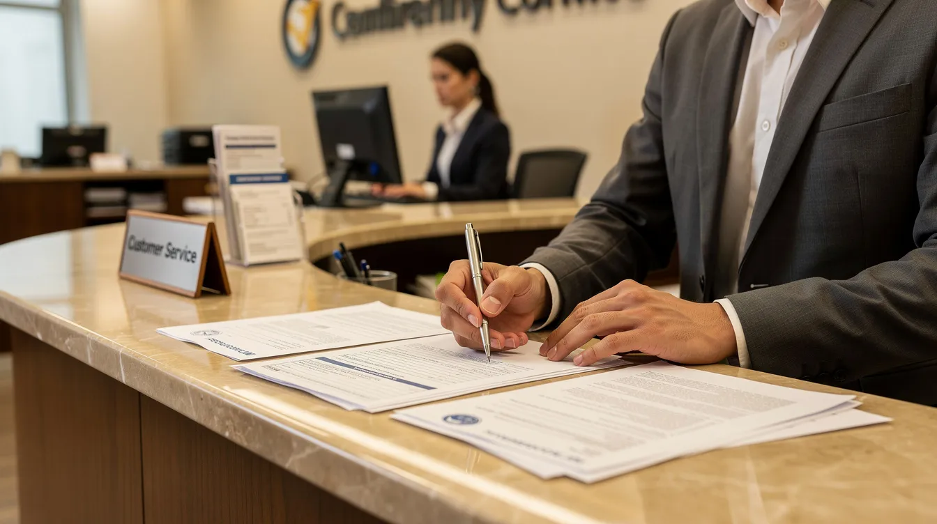 The image depicts a person at a bank counter, diligently filling out paperwork with various documents, including a loan application form and a property tax receipt, spread across the desk. This scene reflects the process of seeking financial assistance for small businesses, possibly related to the Mudra scheme or other lending institutions.