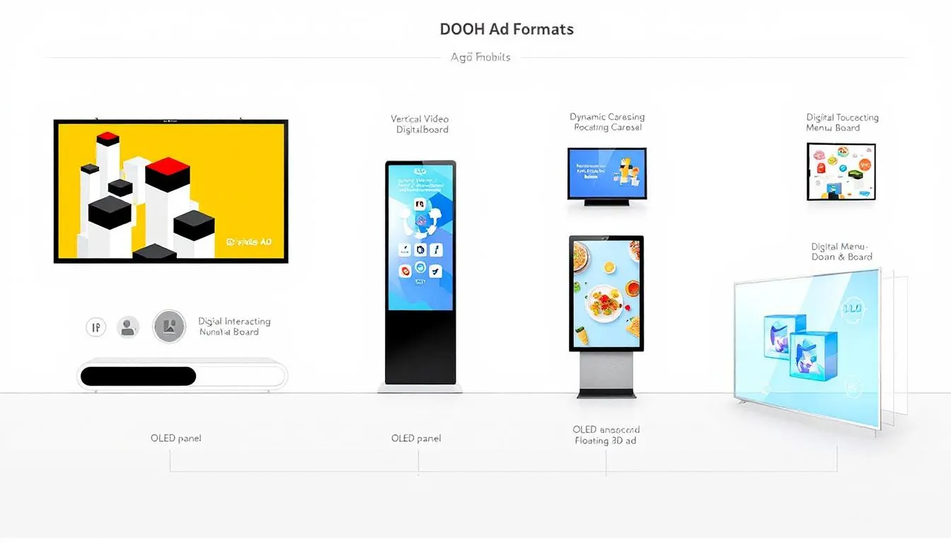 The image showcases various DOOH advertising formats, highlighting digital billboards and interactive digital screens that engage audiences in outdoor environments. It emphasizes the use of dynamic content and programmatic technology to deliver targeted ads effectively, enhancing brand visibility and driving foot traffic to retail locations like grocery stores and shopping malls.