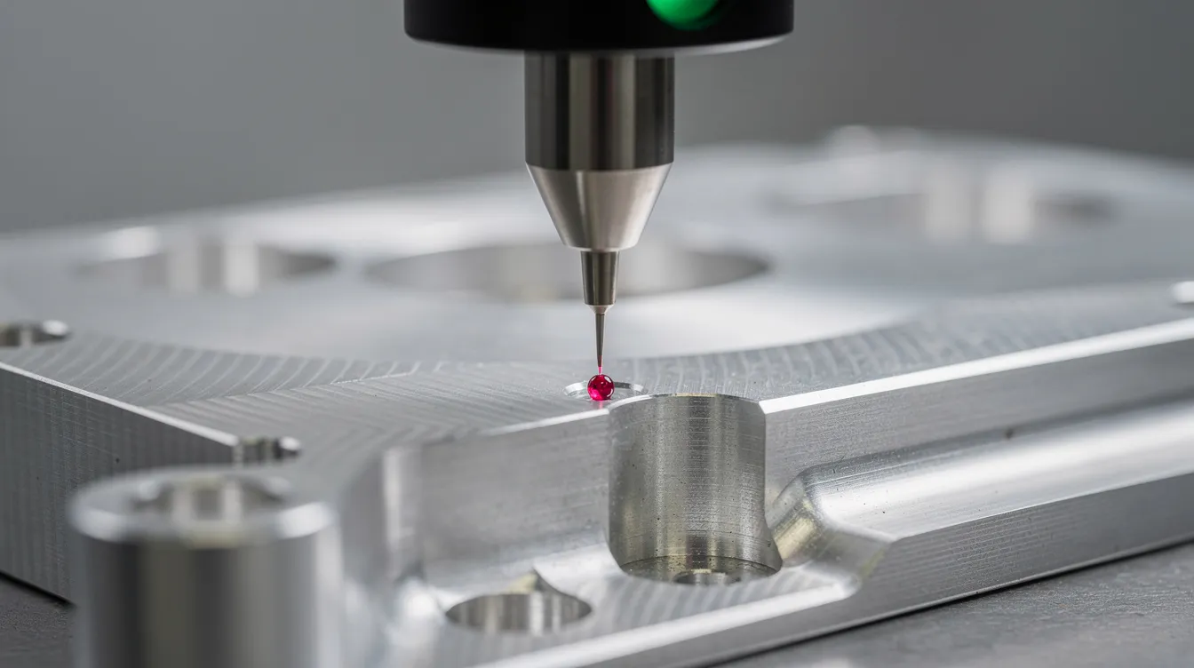 The image shows a coordinate measuring machine (CMM) probe making contact with a precision machined aluminum component, highlighting the meticulous quality inspection process in the cnc machining industry. This scene emphasizes the importance of precision manufacturing and tight tolerances in ensuring high-quality cnc machined parts.