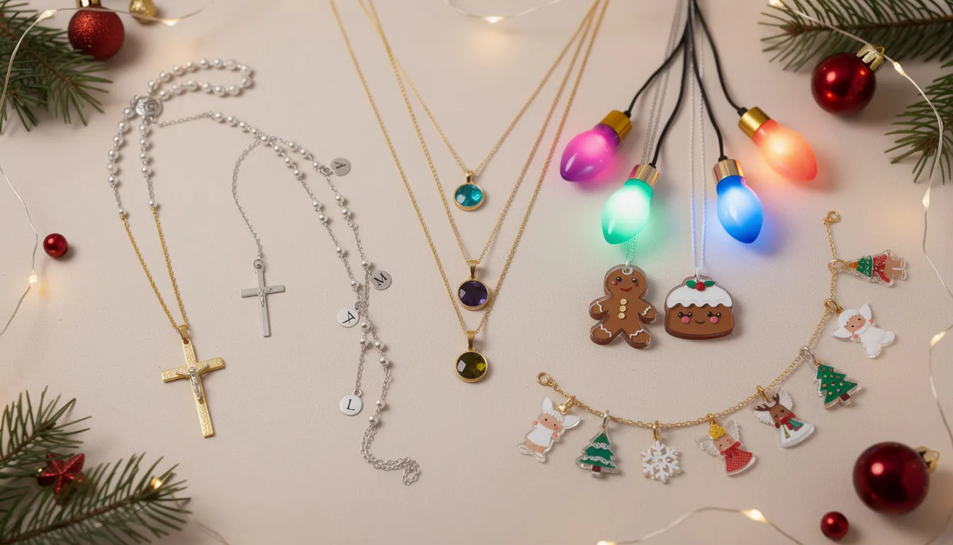 The image showcases a variety of Christmas necklaces, ranging from classic spiritual designs like crosses to playful LED light-up pendants shaped like festive treats. This collection highlights personalized options, including birthstone and initial combinations, perfect for expressing individual style during the holiday season.