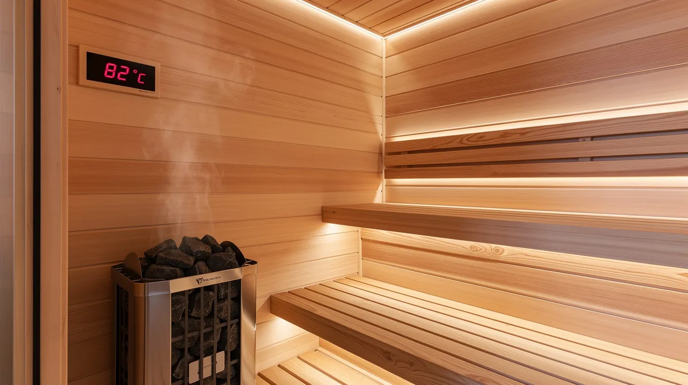 The image depicts the interior of a home sauna featuring wooden benches and a digital temperature display, creating a serene environment for sauna sessions. This space is ideal for individuals looking to enhance their wellness journey through practices like sauna fasting, which can promote weight loss and improve metabolic health.