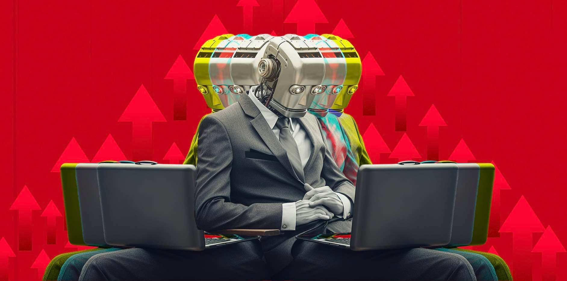 An image of a bot comparing the difference betwen crypto and AI stocks on a laptop.