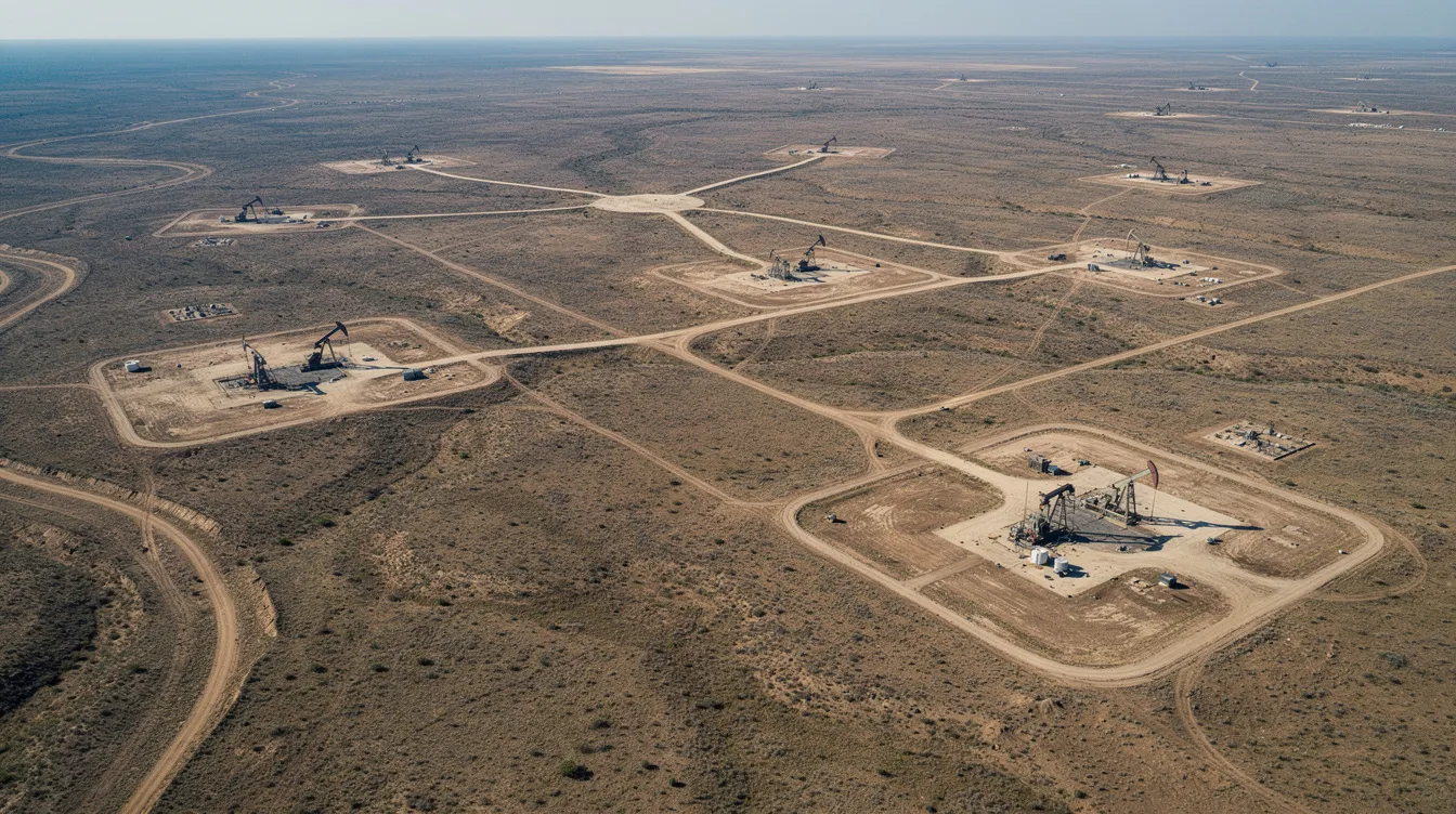 An aerial view showcases multiple oil and gas well pads sprawling across a vast landscape, highlighting the extensive operations of the oil and gas industry. The image illustrates various drilling sites that are crucial for exploring geological information and managing leasing operations within the sector.