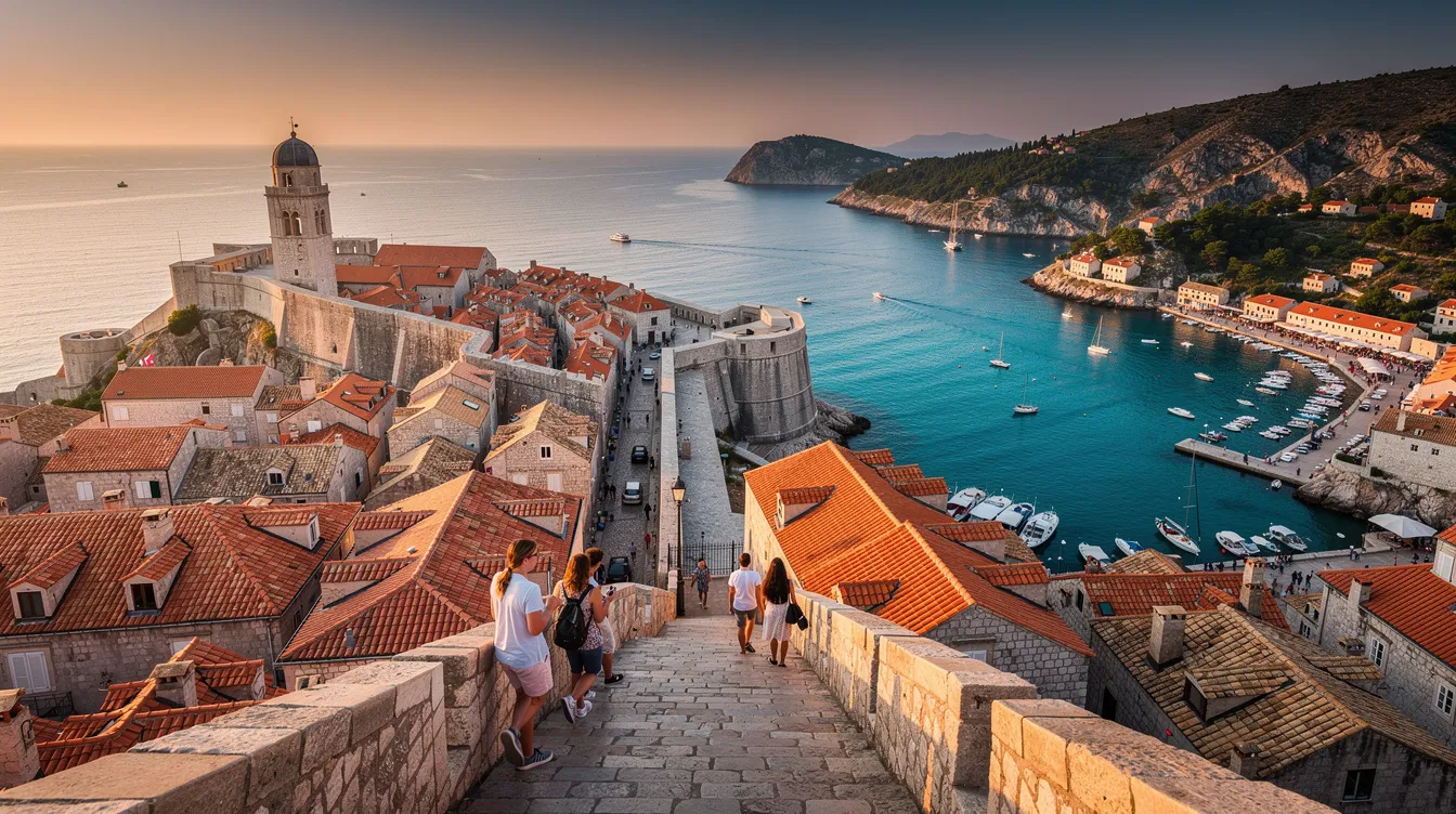 A imagem mostra uma vista deslumbrante da cidade de Dubrovnik durante o verão, com suas paredes históricas cercadas por águas azuis do mar Adriático. O céu está limpo e ensolarado, destacando a beleza arquitetônica da Croácia e a vibrante vegetação ao redor.