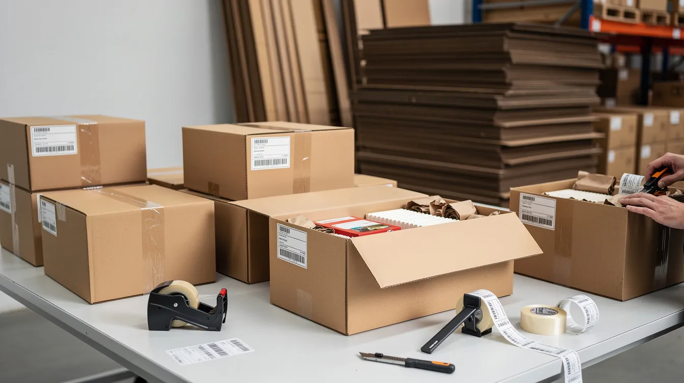 Das Bild zeigt mehrere Kartons, die organisiert und für den Versand vorbereitet werden, und veranschaulicht so den für ein Dropshipping-Geschäft wichtigen Erfüllungsprozess. Diese Szene verdeutlicht, wie wichtig eine effektive Bestandsverwaltung und Versandlogistik für die Kundenzufriedenheit in Online-Shops ist.