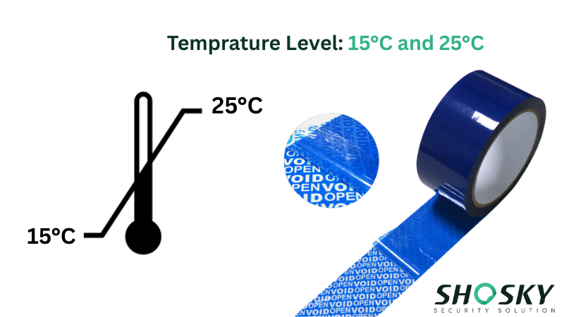 Blue roll of 'VOID OPEN' security tape displayed with optimal storage temperatures