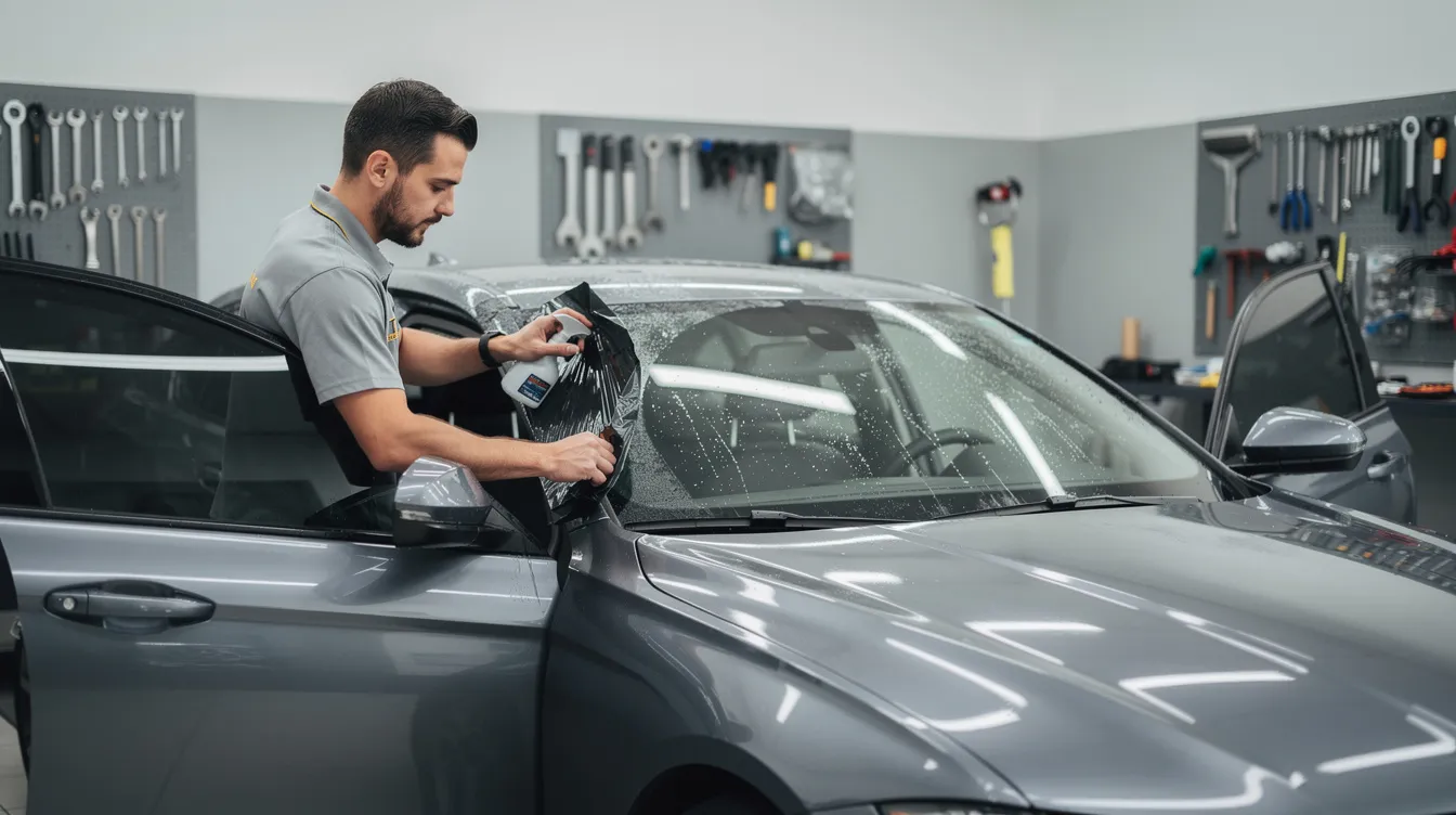 The image depicts a professional automotive window tinting installation bay, where a technician is meticulously applying high-quality window tint film to a vehicle. This setting highlights the expertise involved in the automotive aftermarket industry, showcasing the precision and care characteristic of a successful window tint shop.