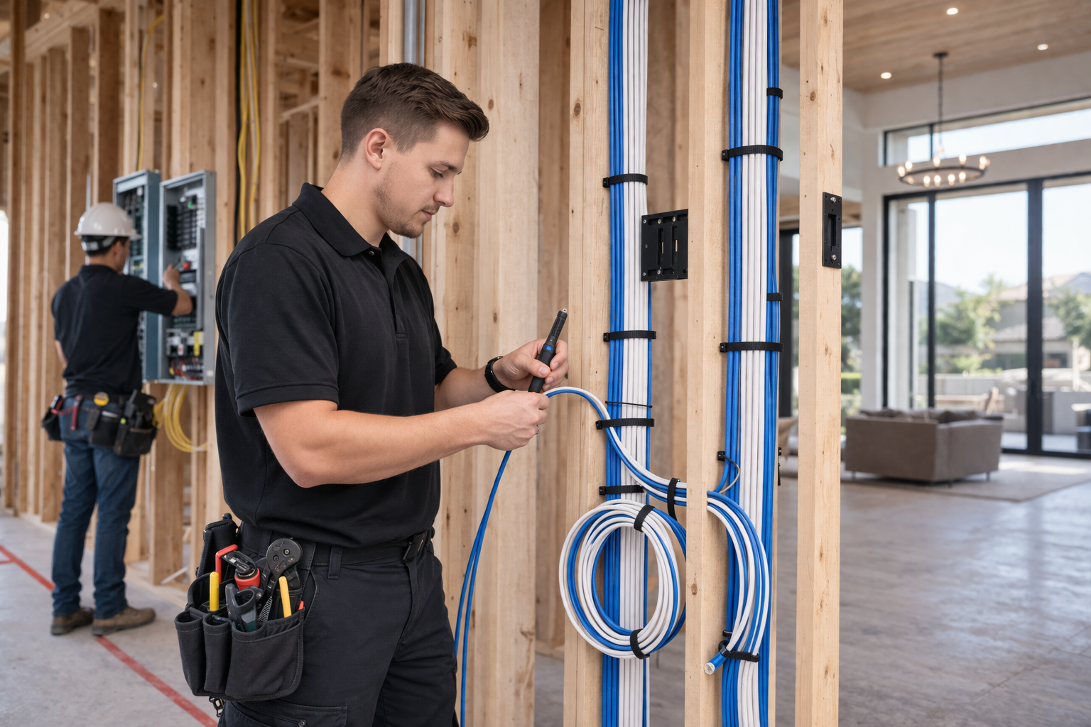 A professional technician is seen meticulously organizing network cables in a modern equipment closet, ensuring reliable connectivity for smart home technology and devices. This setup is crucial for the seamless integration of smart home systems, enhancing energy efficiency and security for homeowners.