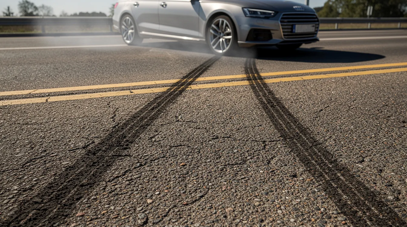 The image shows prominent skid marks on an asphalt road surface, leading to the position of a vehicle involved in a car accident. This visual evidence is crucial for establishing liability and documenting the accident scene for insurance claims and police reports.