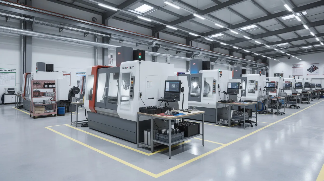 The image depicts the interior of a modern CNC machining facility, showcasing rows of advanced CNC machining centers and organized workstations illuminated by bright lighting. The environment emphasizes precision machining, highlighting the capabilities for producing custom machined parts with exceptional accuracy and tight tolerances.