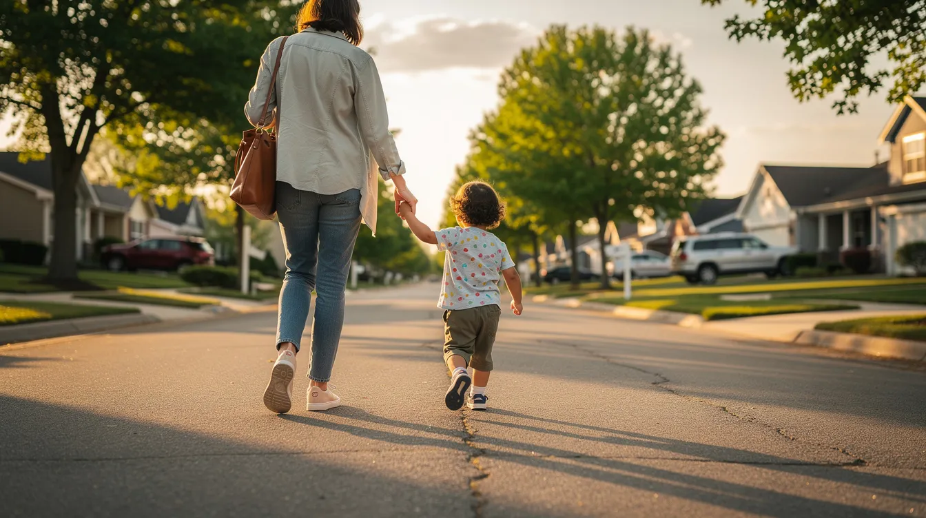 A parent is gently holding a child's hand as they stroll through a peaceful suburban neighborhood lined with trees and houses. This image captures a moment of connection and care between family members, emphasizing the importance of family law and child custody considerations in legal matters.