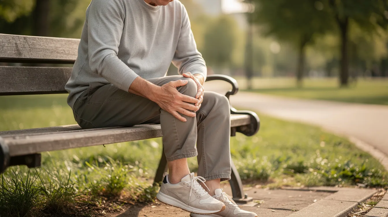 A person is sitting on a park bench, gently holding their knee, indicating mild joint discomfort likely related to arthritis symptoms such as joint pain or stiffness. This scene reflects the challenges faced by arthritis patients in maintaining joint health and finding effective pain relief solutions.