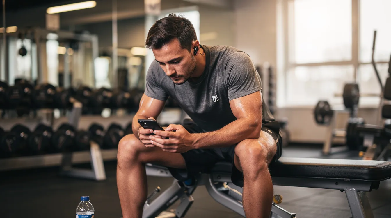 A man in his early thirties sits on a gym bench, intently checking his workout progress on his phone. He appears focused and motivated, embodying the dedication needed for maximum muscle growth and enhanced vitality.