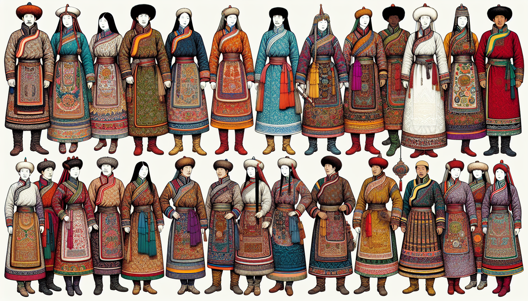 Illustration of Mongolian people wearing traditional deels