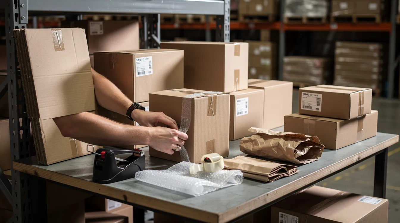 The image shows cardboard shipping boxes being prepared for delivery on a warehouse table, indicating the logistics involved in distributing legal hemp products, including smokable hemp flower and THCA flower, in compliance with state and federal regulations. The scene reflects the organized effort to meet the demands of the hemp industry while navigating Indiana's strict hemp laws.