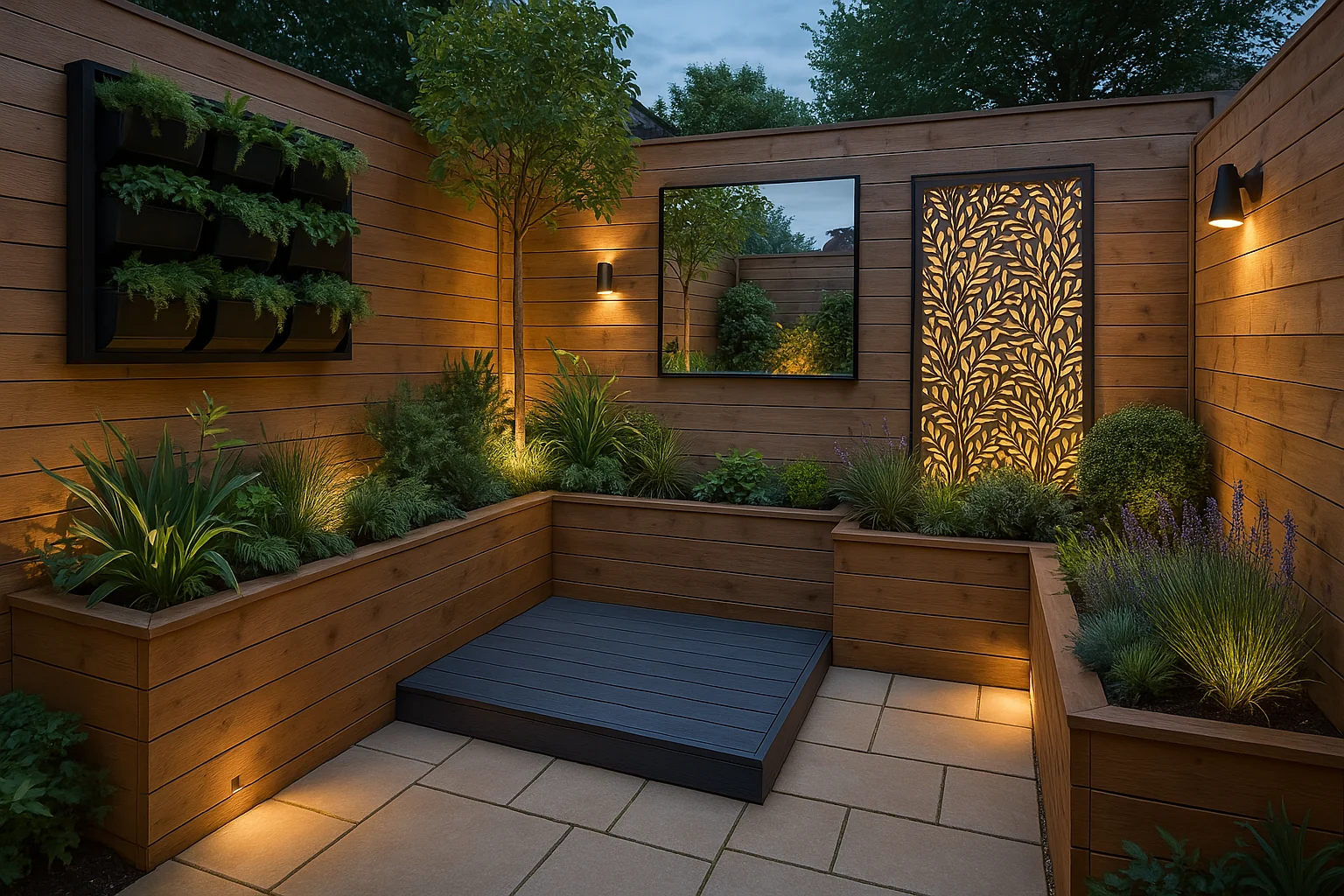 Compact garden space with vertical planters, timber-raised beds, composite decking, and decorative screening to optimise space and privacy.