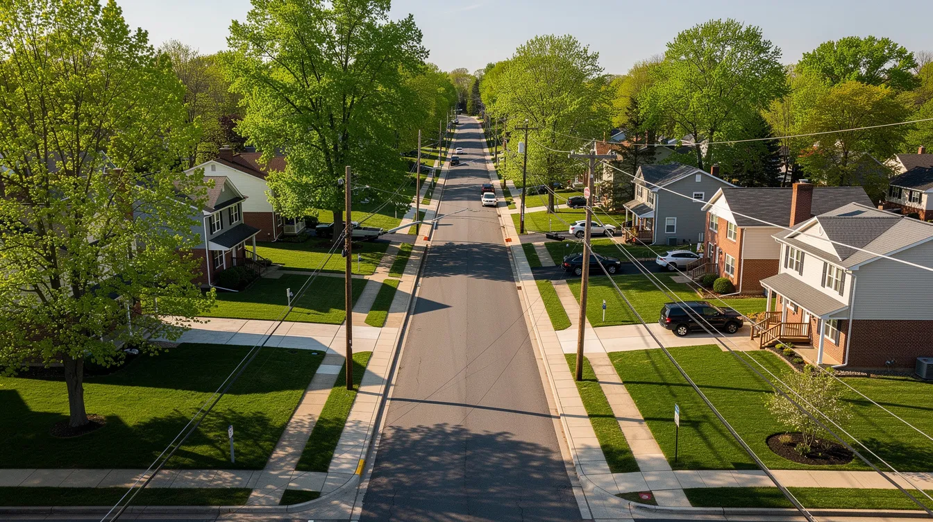 An overhead view captures a suburban street in southeastern Pennsylvania, lined with green trees and utility lines. This scene reflects the environment where 
PECO customers rely on reliable electric service and natural gas, illustrating the importance of energy efficiency and safety in daily life.