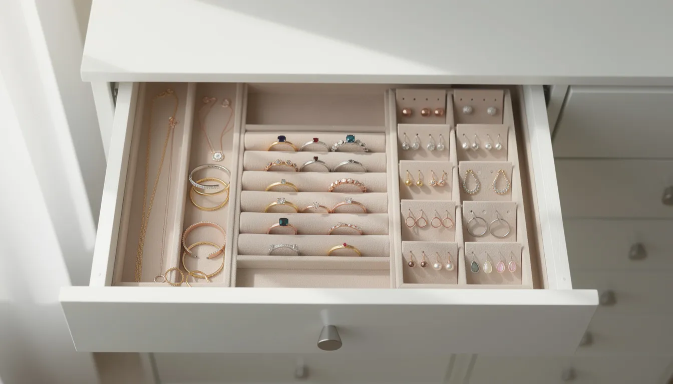 En välorganiserad smyckesförvaring i en låda med kuddar för ringar och plattor för örhängen, som gör det enkelt att hitta och förvara smycken som halsband och armband. Denna smarta lösning ger ordning och stil, vilket gör att man alltid kan välja rätt smycke.