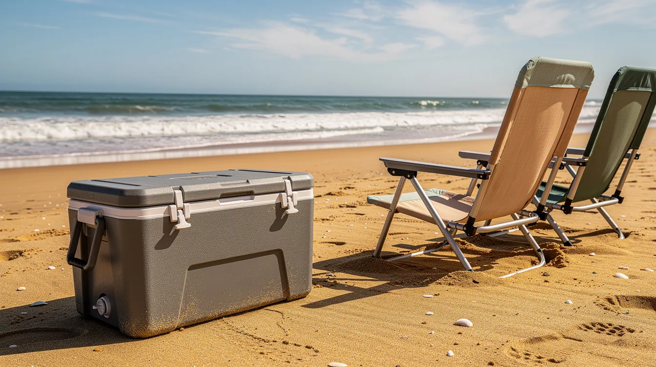 A portable cooler sits on a sandy beach next to colorful camping chairs, with the ocean waves gently lapping in the background. The cooler features a main zippered compartment, two side mesh pockets for easy access, and a device attached bottle opener for convenience during outings.