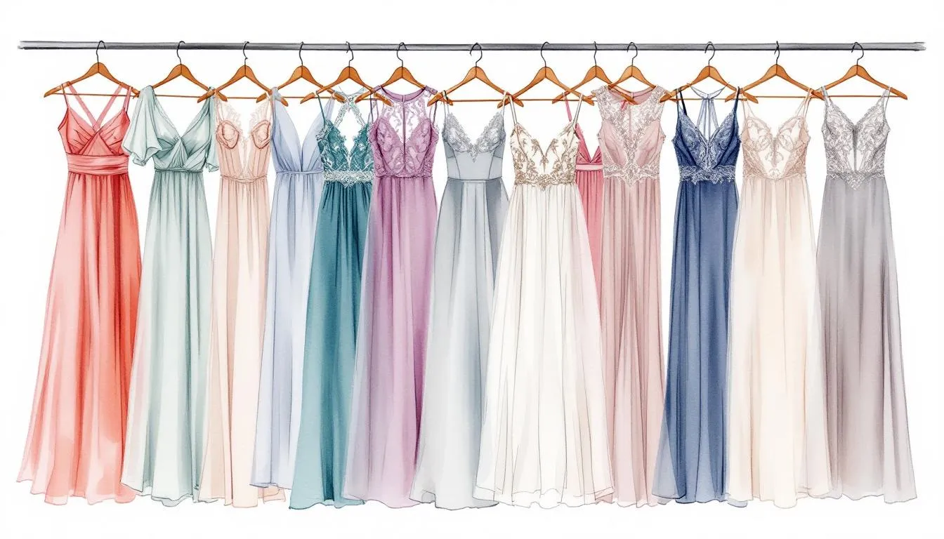 A stylish array of elegant wedding guest dresses displayed on a rack, showcasing various colors and styles.
