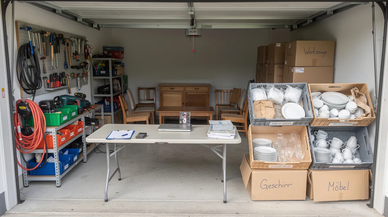 In der Garage sind sortierte Gegenstände zu sehen, darunter Werkzeuge, Möbelstücke und Kisten mit Geschirr, die bereit zur Bewertung sind. Diese Szene könnte auf eine bevorstehende Haushaltsauflösung oder Entrümpelung in Bremen hinweisen, bei der ein Team von Experten die Gegenstände sorgfältig begutachtet.