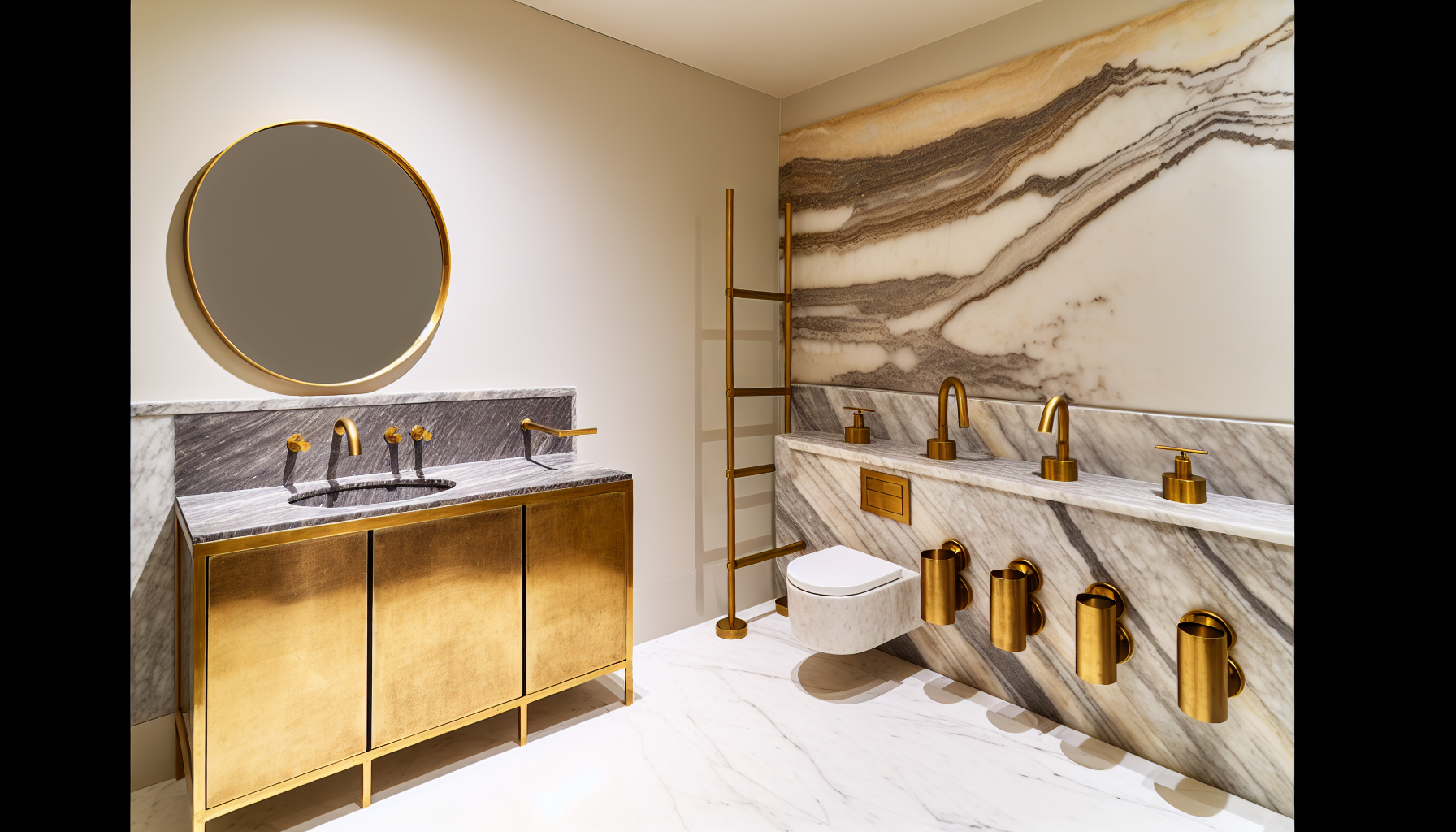 Luxurious unlacquered brass fixtures and statement marble in a high-end bathroom setting