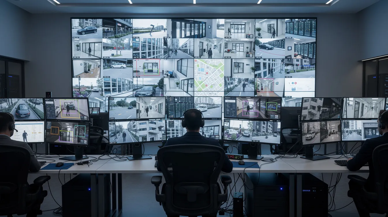 The image depicts a security operations center filled with multiple monitors displaying various surveillance feeds, highlighting the importance of security measures in protecting a commercial building. Security personnel monitor potential threats and unauthorized access attempts, ensuring a secure environment for daily operations.