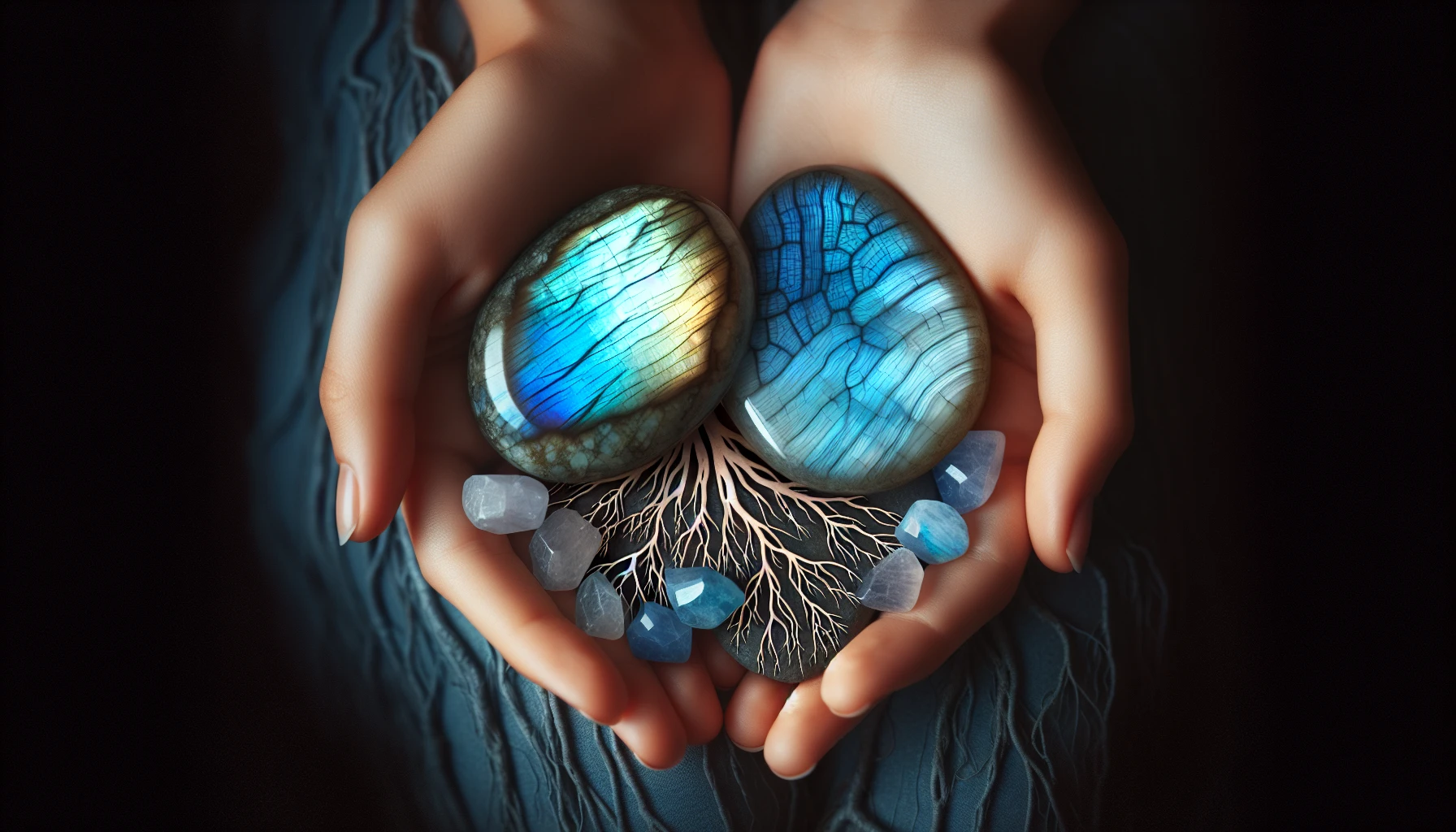 Illustration of Labradorite and Blue Lace Agate crystals
