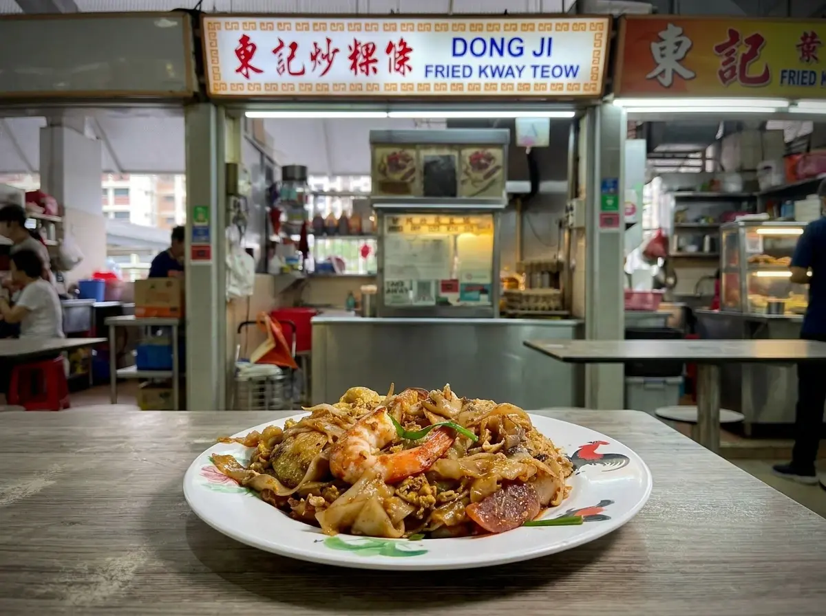 "A traditional rooster-design plate of stir-fried Char Kway Teow with prawns on a wooden table, in front of the 'Dong Ji Fried Kway Teow' hawker stall."
