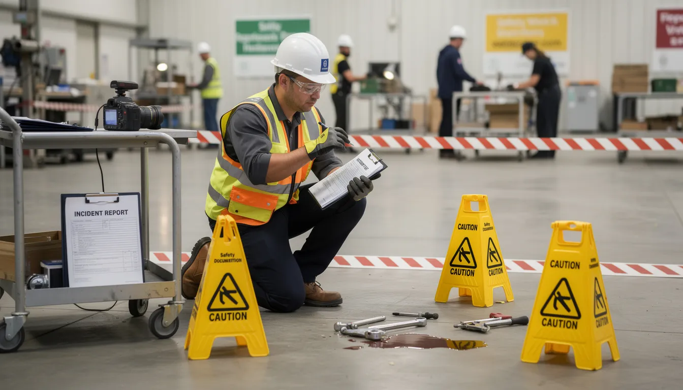 A worker is seen documenting a workplace incident by taking photos and organizing paperwork, likely to support a workers compensation claim for medical expenses and lost wages due to a work-related injury. This careful documentation is crucial for injured workers seeking fair compensation and legal assistance from an experienced workers compensation lawyer.