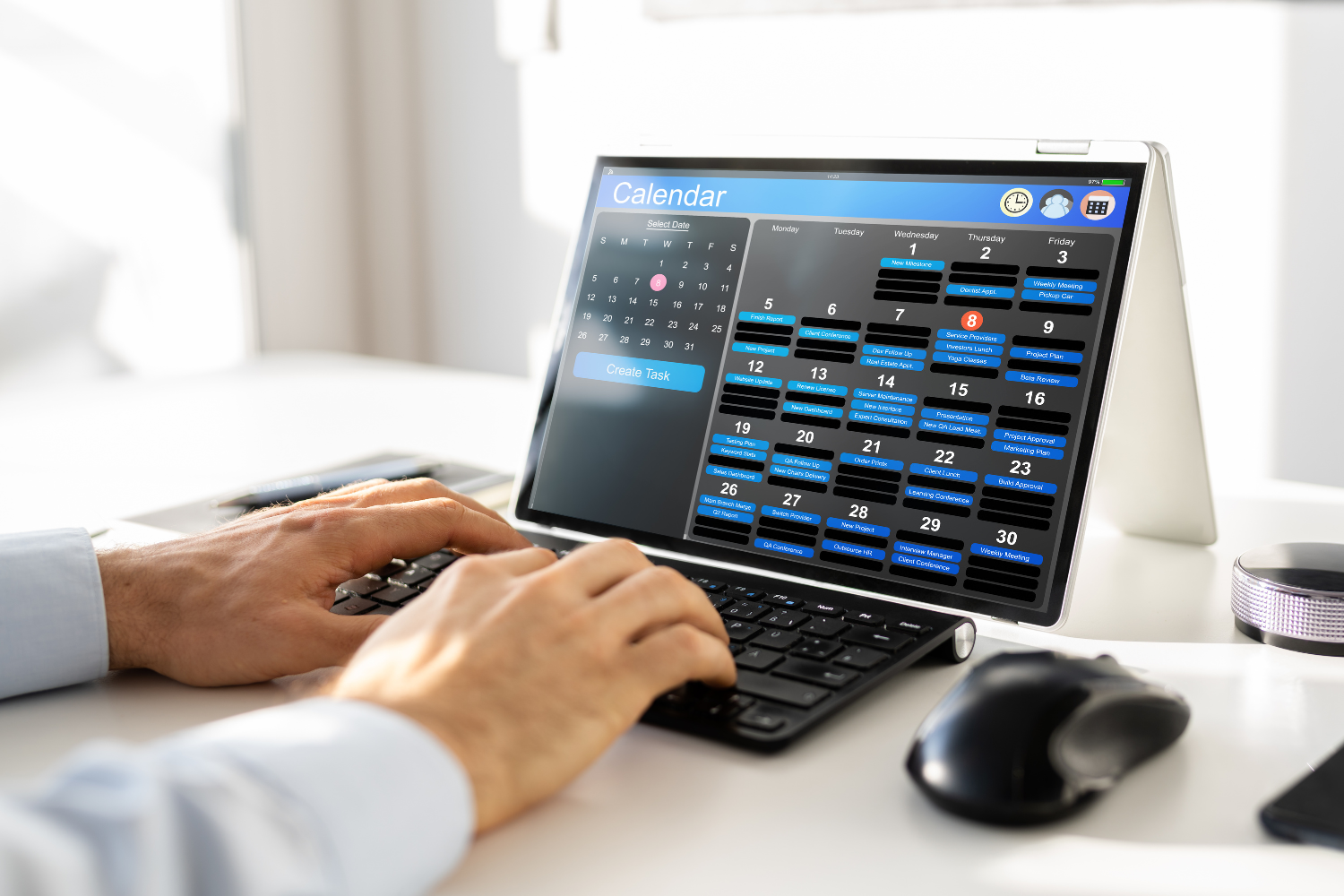 Digital calendar shown on screen.