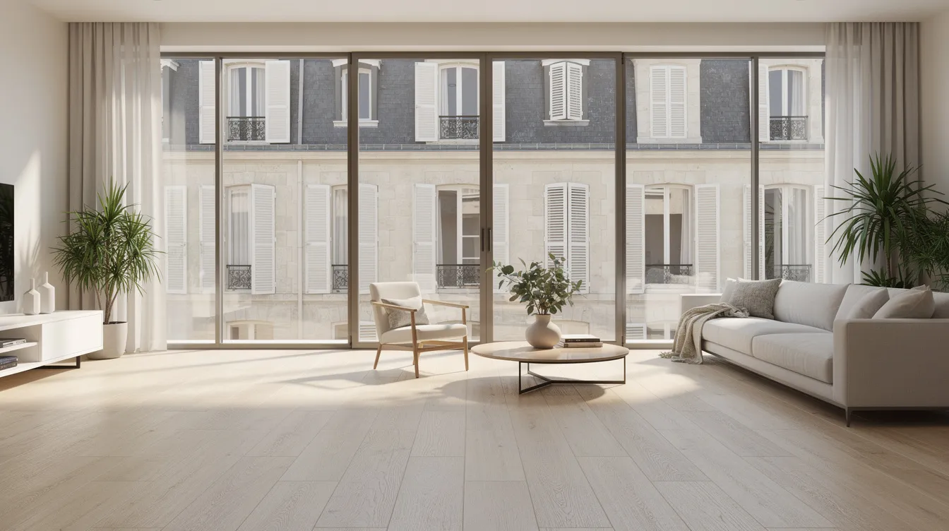 Une pièce de séjour lumineuse avec un carrelage imitation parquet en chêne clair, mettant en valeur de grandes baies vitrées qui offrent une vue sur une façade typique de Nantes. Ce revêtement de sol, idéal pour l’aménagement des espaces, témoigne du savoir-faire d'un carreleur à Nantes.