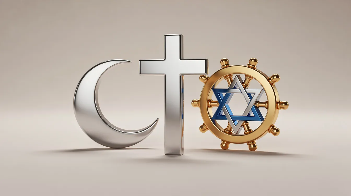The image features a collection of diverse religious symbols, including a cross, crescent moon, Star of David, and dharma wheel, arranged harmoniously on a neutral background. This representation reflects the unity and core tenets of various religious creeds and beliefs, emphasizing the importance of faith and community across different traditions.