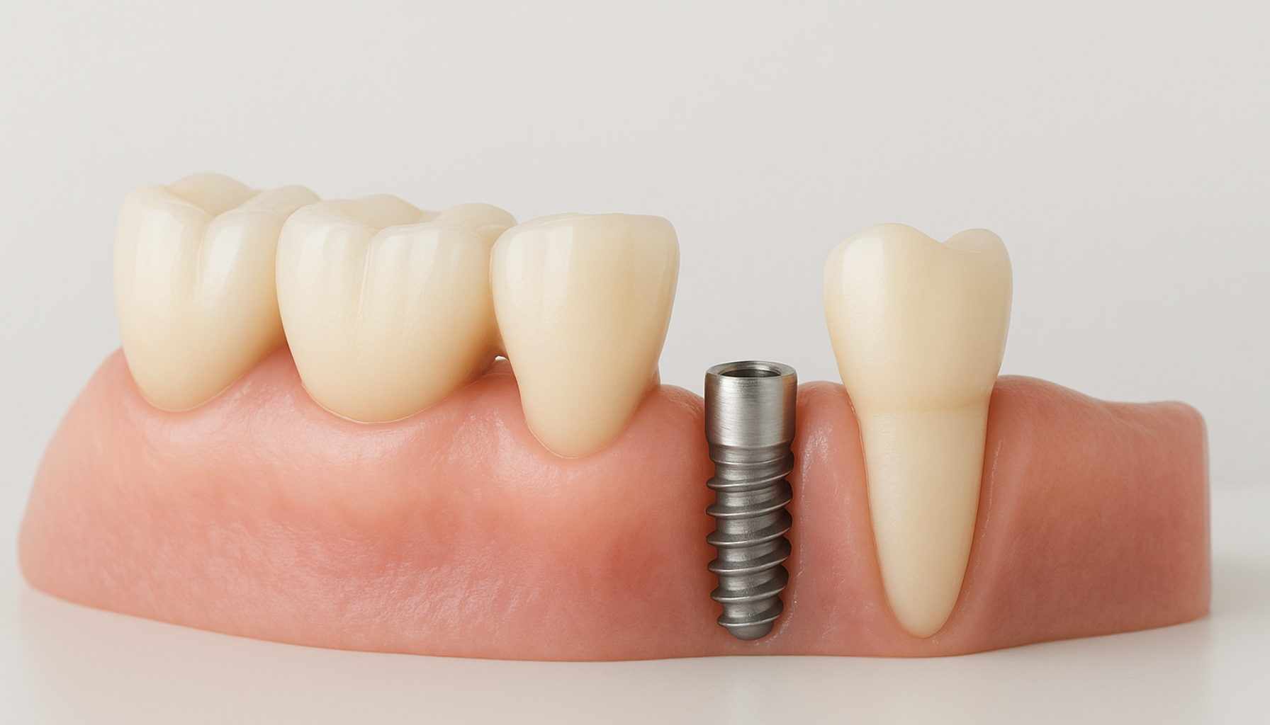 Modell av tannbro og tannimplantat vist på rosa tannkjøtt med nøytral bakgrunn i klinisk stil.
