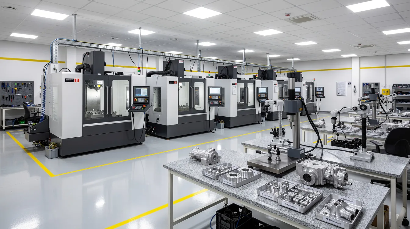 The image depicts the interior of a modern CNC machining workshop, featuring rows of advanced five-axis milling machines and inspection stations, highlighting the precision and technical expertise involved in producing high-quality CNC machined parts. This environment showcases the manufacturing process essential for creating complex geometries and custom parts across various industries, including aerospace and automotive.