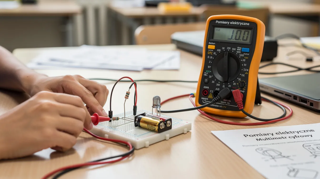 Zbliżenie na ręce ucznia, kt&oacute;ry wykonuje pomiary multimetrem przy prostym obwodzie elektrycznym, ilustrując proces nauki elektrostatyki w klasie 8. Uczeń koncentruje się na obliczaniu wartości ładunk&oacute;w elektrycznych, co jest istotnym elementem przygotowania do sprawdzianu z fizyki.