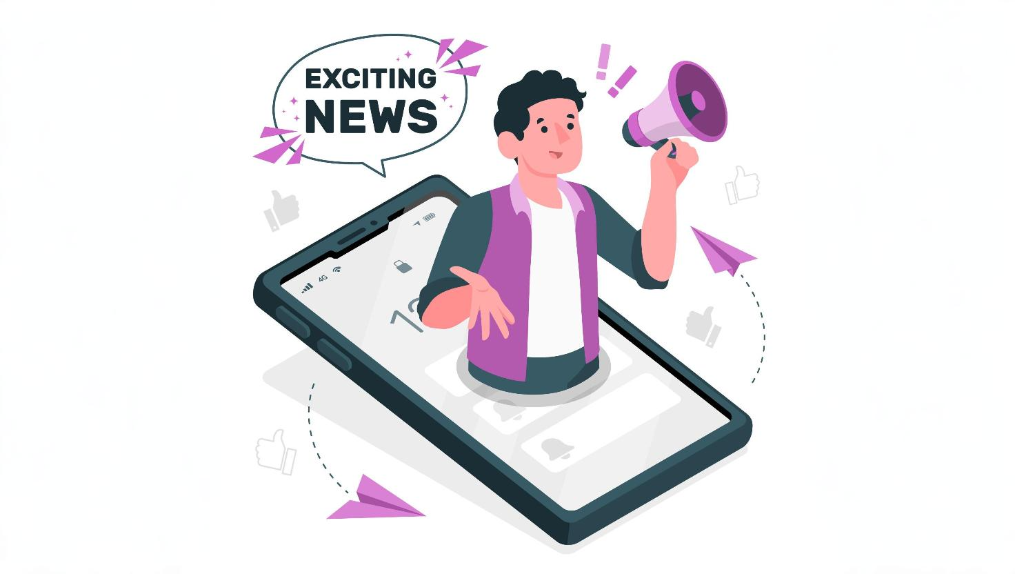 A cheerful animated man steps out of a smartphone while holding a megaphone with a speech bubble saying “Exciting News.” This showcases how Business SMS and mobile communication tools can amplify announcements and engagement in a digital-first business setting.