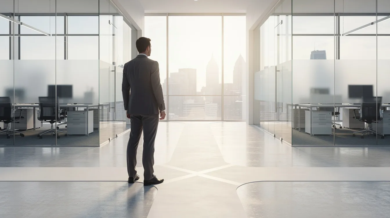 Un professionnel se tient à un carrefour dans un bureau moderne, regardant avec confiance un chemin lumineux qui symbolise ses ambitions et la possibilité d'atteindre ses objectifs professionnels. Cette image évoque la planification de carrière et les étapes nécessaires pour réussir dans le monde du travail.