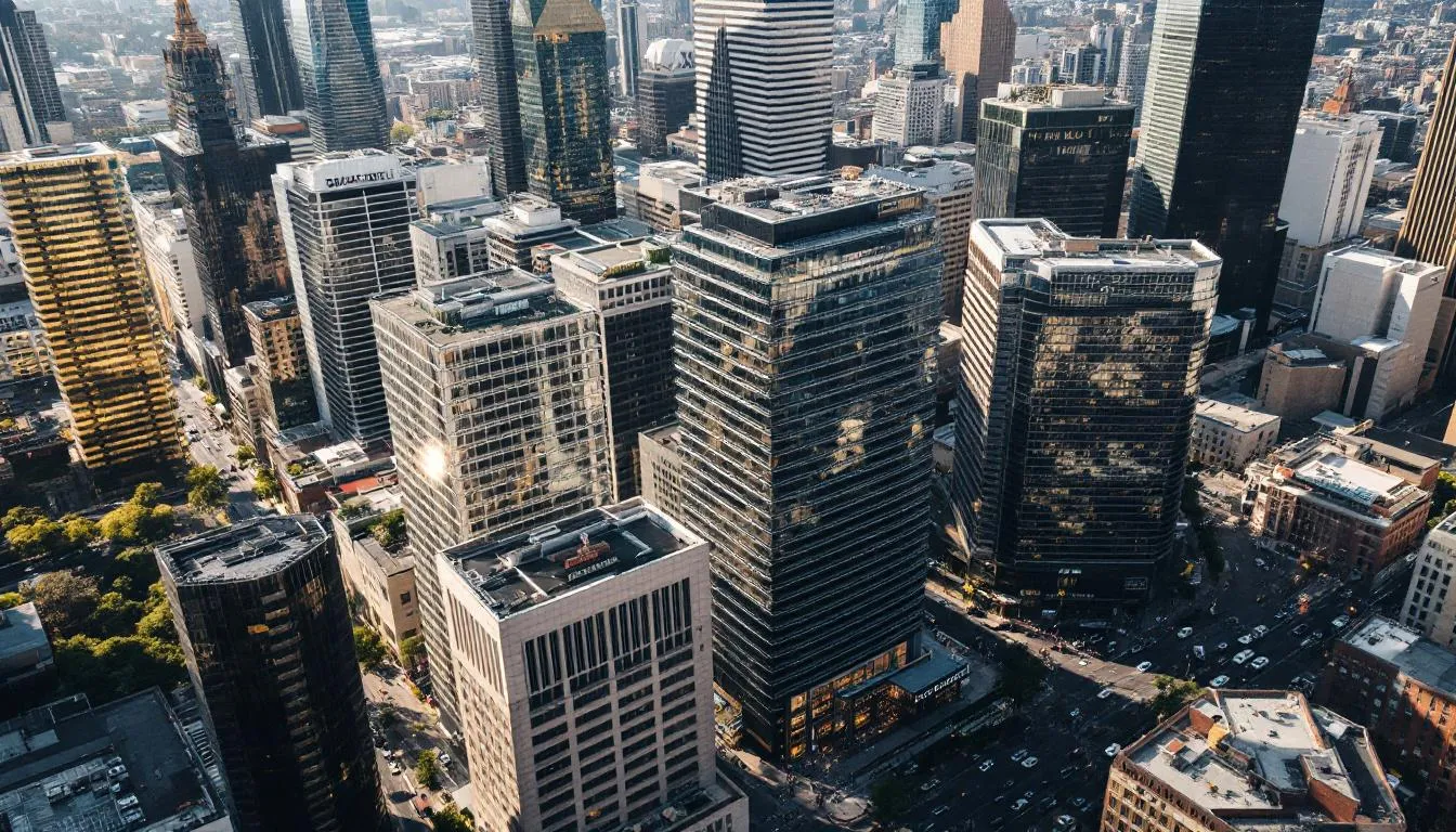 An aerial view showcases multiple hotels in a bustling urban downtown district, highlighting their proximity to one another and the competitive landscape of the hotel industry. This scene illustrates the hotel comp set, where each property vies for guest satisfaction and market positioning within the same geographic area.