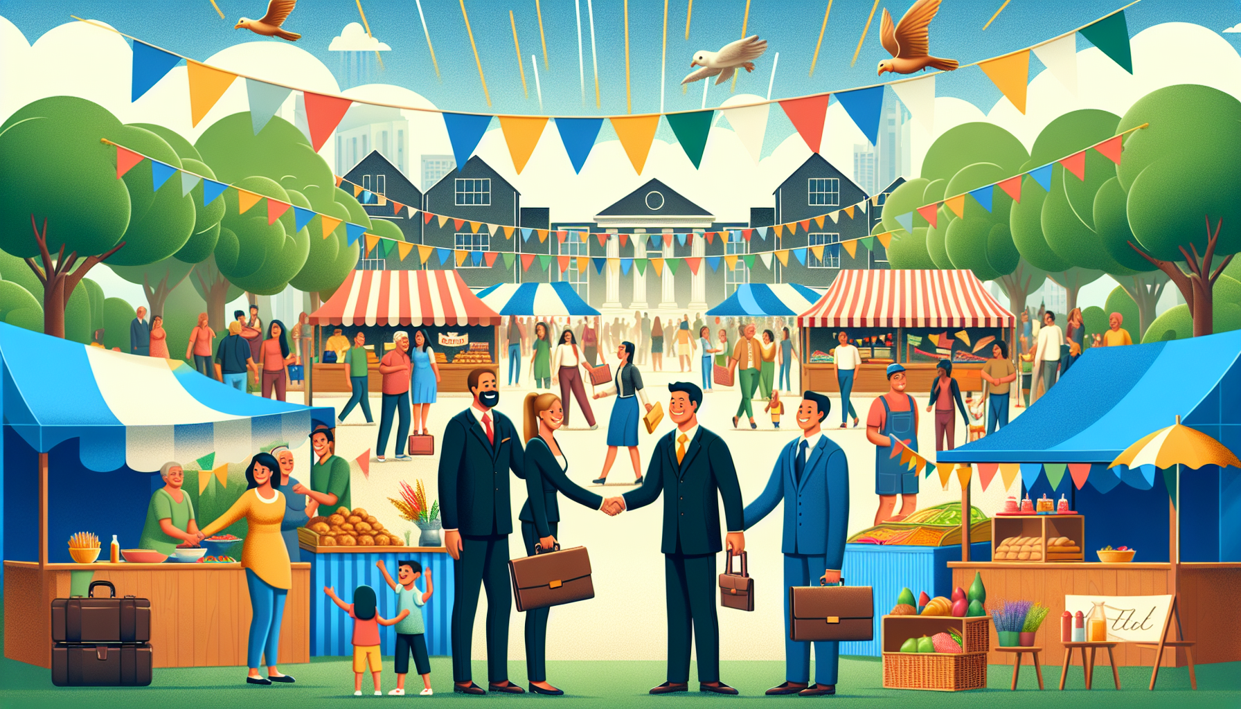 Illustration of a law firm engaging with local businesses and community events.