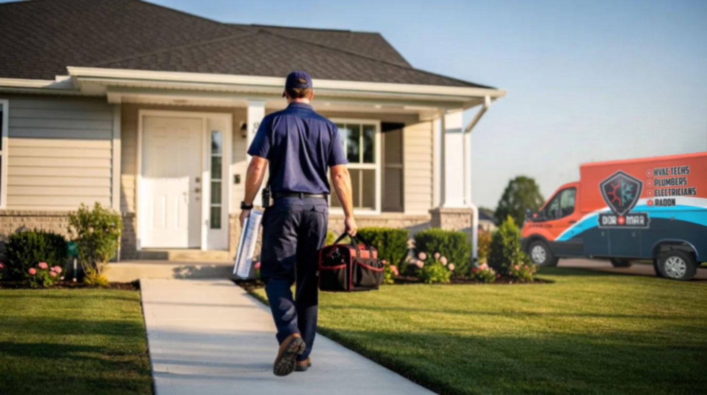 An HVAC service technician is approaching a residential home while carrying a tool bag, ready to perform maintenance on the heating and cooling system. This professional ensures the efficiency of the HVAC equipment, contributing to energy savings and optimal comfort for the homeowner.